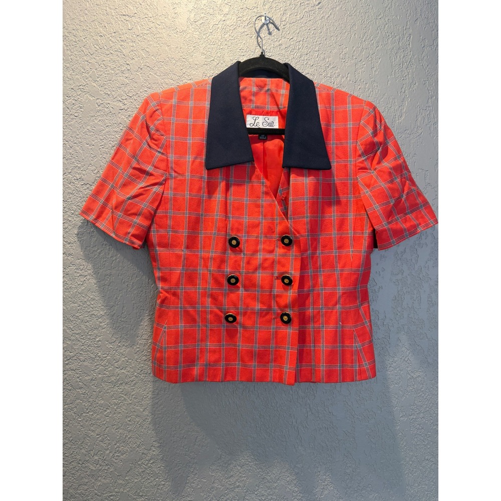 Le Suit Petite Red Plaid Short Sleeve‎ Double Breasted Blazer Jacket